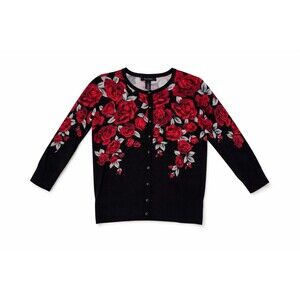 Rose Floral Cardigan Black Red Coquette Romantic Button Knit Sweater M
